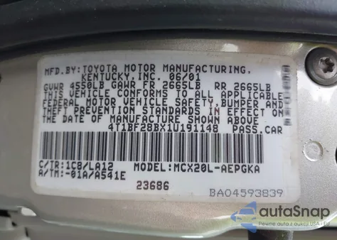 2001 Toyota Avalon Xls z USA, uszkodzony, nr VIN 4T1BF28BX1U191148